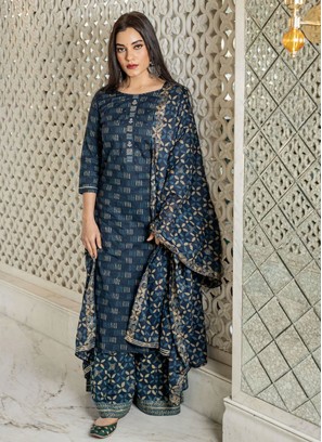 Navy Blue Cotton Party Designer Salwar Suit