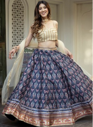 Navy Blue Digital Print Art Silk Lehenga Choli