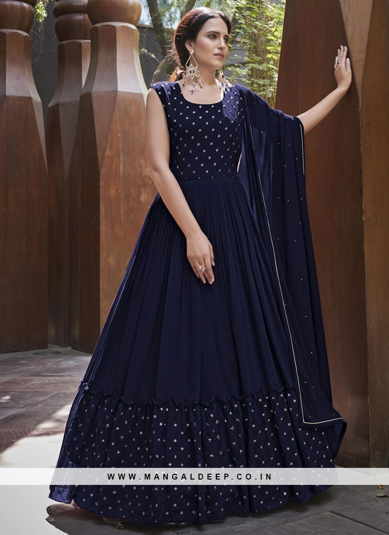 Buy Exquisite Navy Blue Color Georgette Plain Gown With Embroidered Dupatta  Full Stitched  LehengaSaree