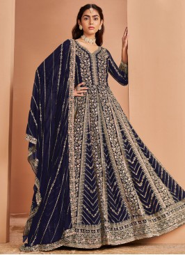 Navy Blue Faux Georgette Embroidered Designer Salw