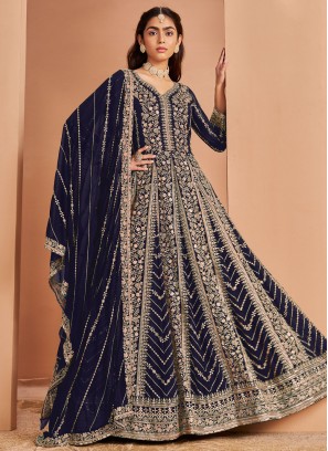 Navy Blue Faux Georgette Embroidered Designer Salwar Kameez