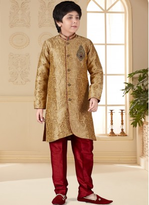 Dark Gold Jacquard Indo Western Suit for Boys.