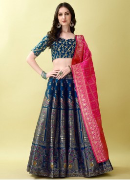 Navy Blue Jacquard Silk Jacquard Work Trendy Lehen