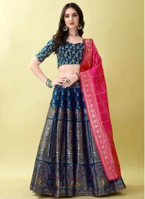 Navy Blue Jacquard Silk Jacquard Work Trendy Lehenga Choli