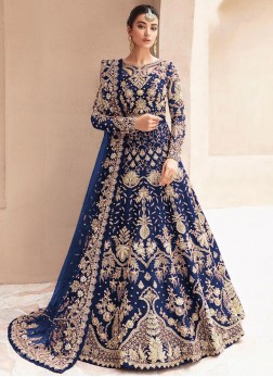 Navy Blue Net Zari Floor Length Gown