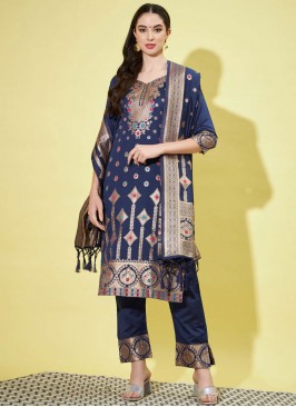 Navy Blue Party Cotton Silk Designer Salwar Kameez