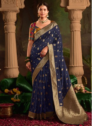 Navy Blue pure-dola Weaving Classic Saree