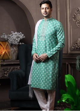 Pastel Green Silk Kurta Pajama with Off-White ArtS