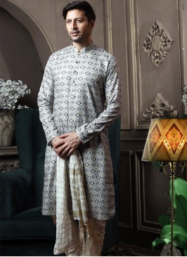 Multi Colour Silk Kurta Pajama with Off-White ArtS