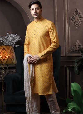 Yellow Silk Kurta Pajama with Off-White ArtSilk Tr