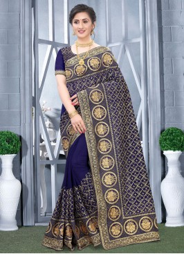 Navy Blue Zari Vichitra Silk Trendy Saree