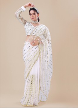 Net Contemporary Saree in White