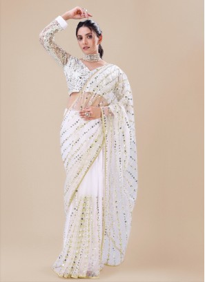 Net Contemporary Saree in White