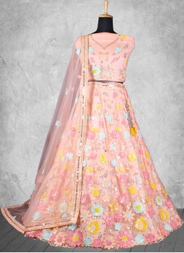 Net Designer Lehenga Choli in Peach