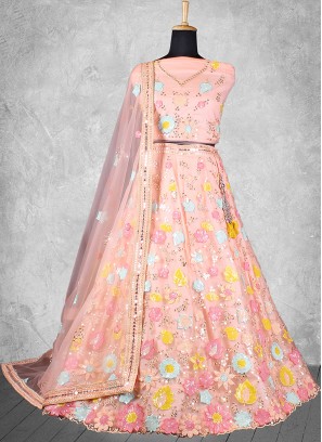 Net Designer Lehenga Choli in Peach