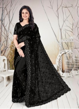 Net Embroidered Black Traditional Saree