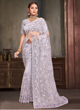 Net Embroidered Contemporary Saree in Lavender