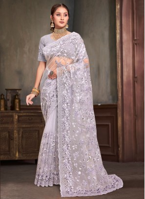 Net Embroidered Contemporary Saree in Lavender