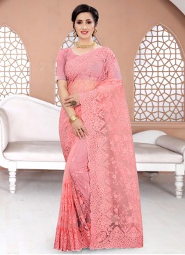 Net Embroidered Pink Classic Designer Saree