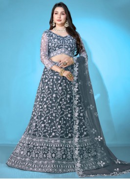 Net Lehenga Choli in Grey and Navy Blue