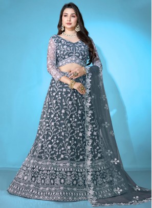 Net Lehenga Choli in Grey and Navy Blue