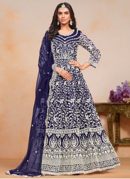 Net Navy Blue Embroidered Salwar Kameez