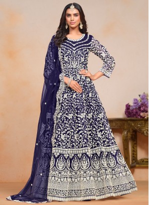 Net Navy Blue Embroidered Salwar Kameez