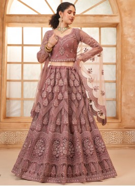 Net Pink and Rust Floral Patterns Designer Lehenga Choli