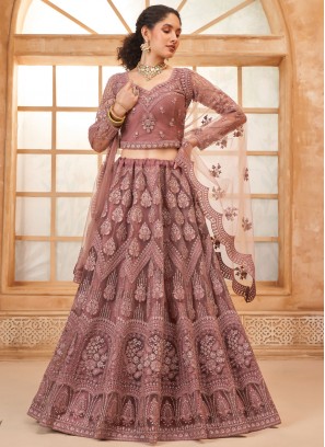 Net Pink and Rust Floral Patterns Designer Lehenga Choli