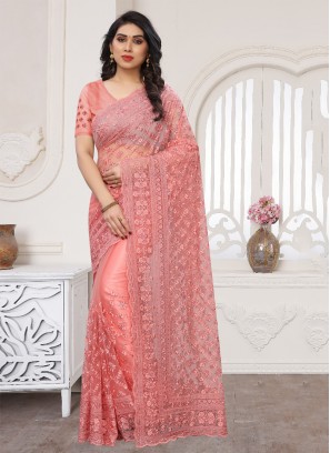 Net Pink Resham Designer Saree
