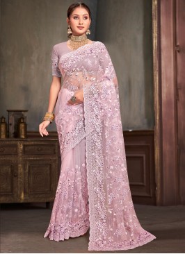 Net Resham Traditional Saree in Pink