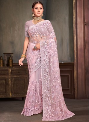 Net Resham Traditional Saree in Pink