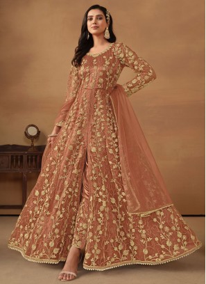 Net Rust Sequins Salwar Kameez