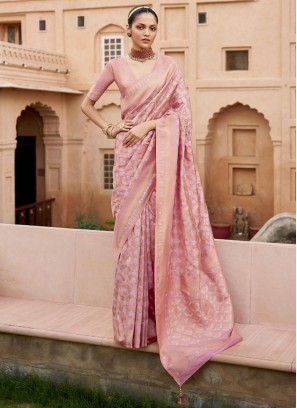 Nice Banarasi Silk Woven Pink and Purple Contemporary Saree