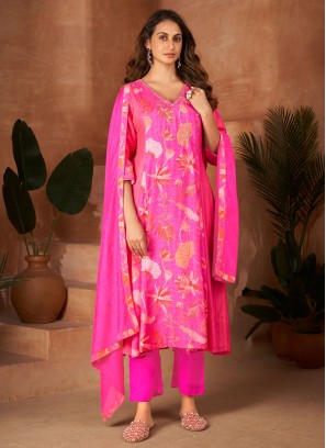 Nice Handwork Muslin Fuchsia Trendy Salwar Kameez