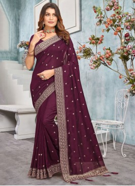 Nice Wine Embroidered Classic Saree