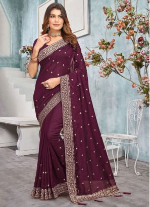 Nice Wine Embroidered Classic Saree