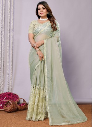 Noble Glass Tissue Green Embroidered Trendy Saree