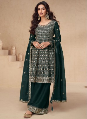 Noble Sequins Green and Teal Palazzo Salwar Kameez 