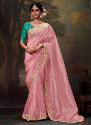 Noble Sequins Pink Organza Trendy Saree