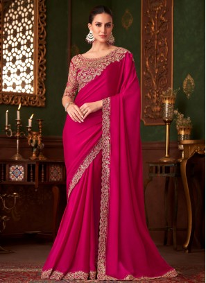 Observable Embroidered Rani and Red Satin Silk Classic Saree