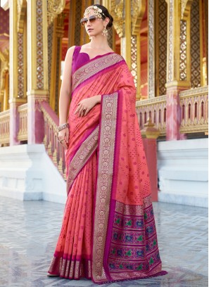 Observable Patola Print Handloom silk Peach and Pink Designer Saree