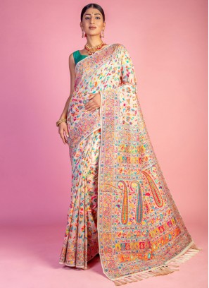 Off White Ceremonial Pashmina Classic Saree