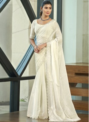 Off White Cutwork Silk Blend Trendy Saree