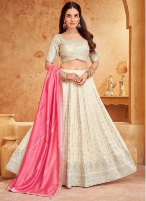 Off White Embroidered Silk Readymade Lehenga Choli