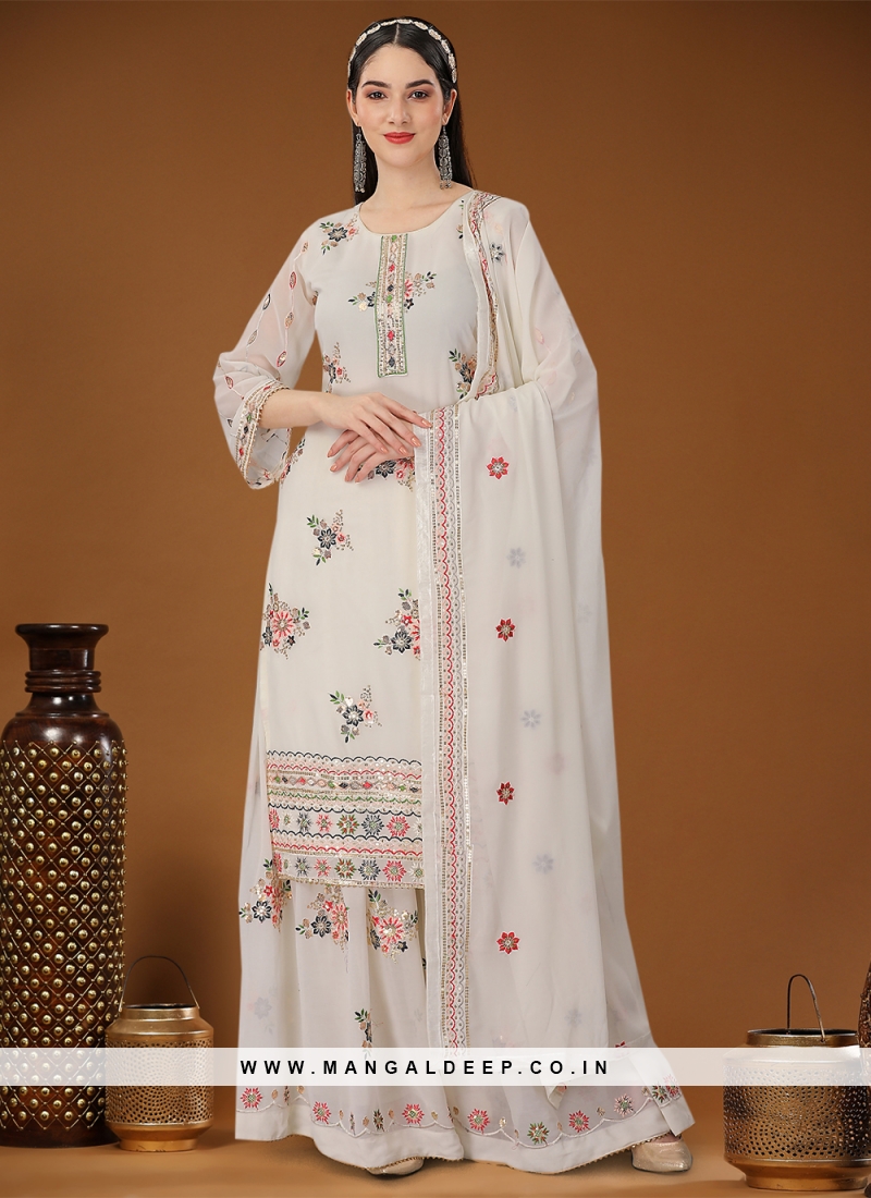 Palazzo Suits : White georgettte multi thread embroidery