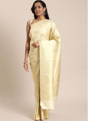 Off White Kanjivaram Silk Weaving Traditional Saree