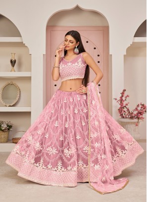 Onion Pink Colour Butterfly Net Embroidered Work Lehenga