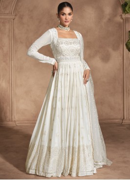 Opulent Georgette Off White Embroidered Readymade Gown