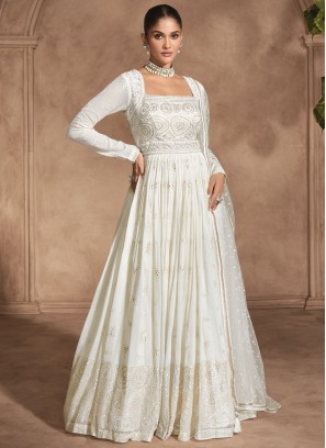 Opulent Georgette Off White Embroidered Readymade Gown